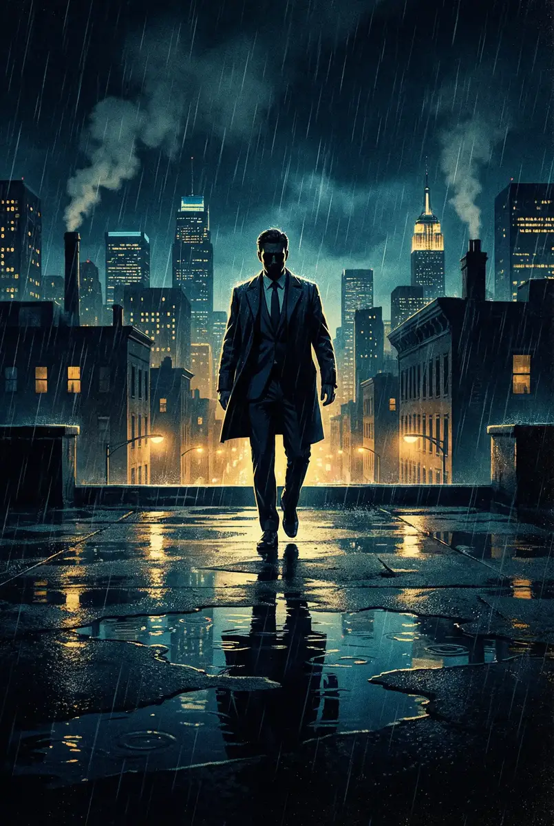 情事2014 出品影片《雨夜独行者》海报，雨中城市屋顶男性剪影
